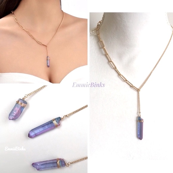 New Rainbow Aura Crystal Quartz Lariat Dual Copper Chain Necklace | Y Shape - Picture 1 of 15